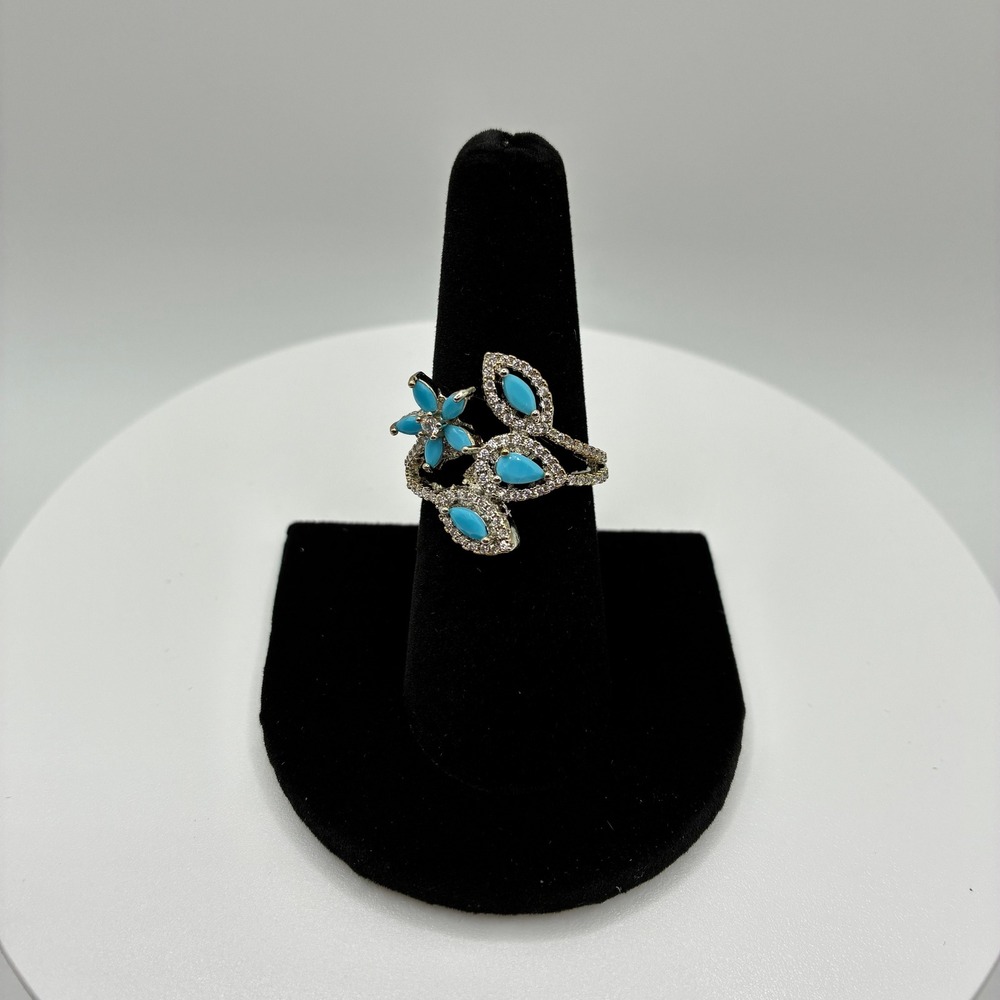 Women's Ring 7.75 Blue Turquoise Floral Leaf Bypass Pave Crystal Silver